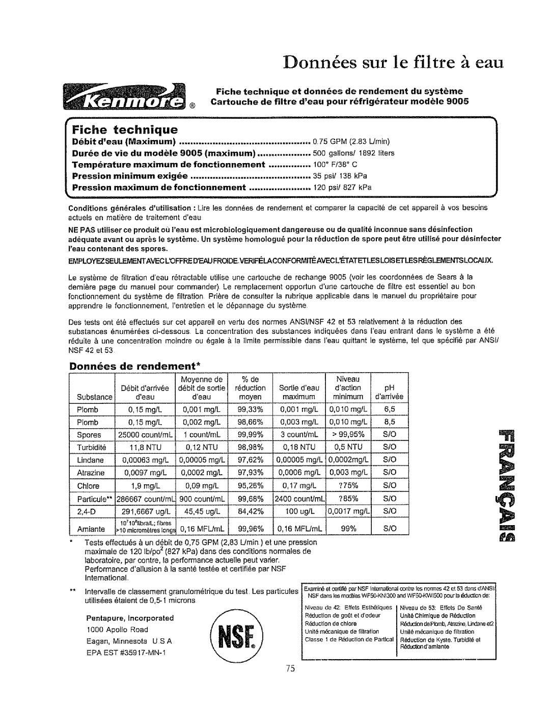 Kenmore 596.50019100 manual Donn es Sur le filtre 5. eau, Fiche Technique, Donndes De rendernent, Ieau contenant des spores 