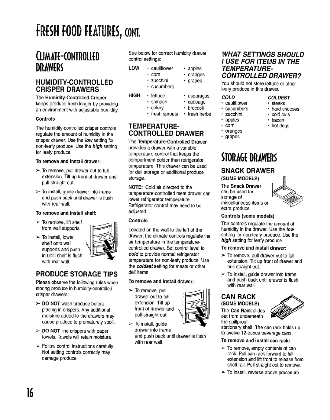 Kenmore 596.53462300 manual Humidity-Controlled, Crisper Drawers, Produce Storage Tips, Temperature, Snack Drawer 