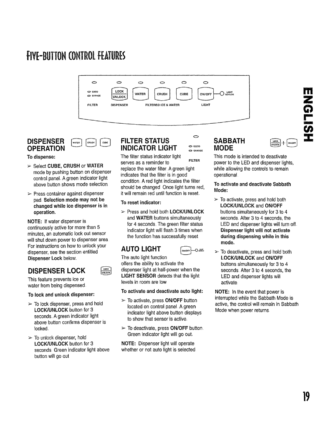 Kenmore 596.53462300 manual FiVE-BUTTOHCONTROLFEATUflES, Dispenser Operation Filter Status, Sabbath, Indicator Light Mode 