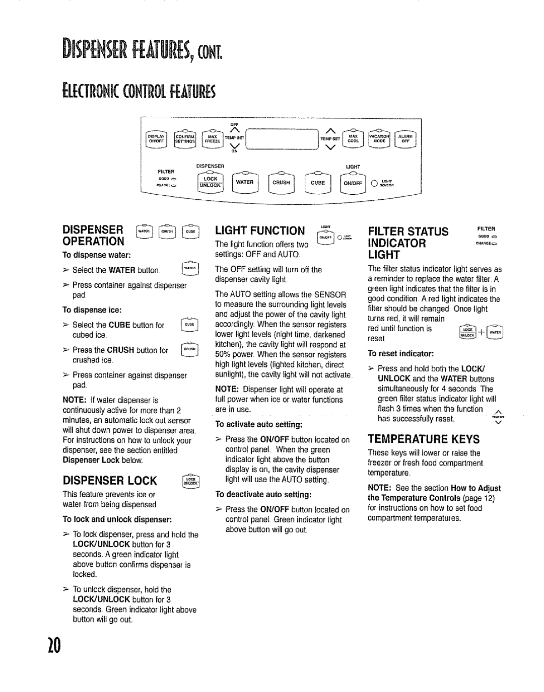 Kenmore 596.53462300 manual Light Function, Operation, Filter Status F,L, Indicator, Temperature Keys 