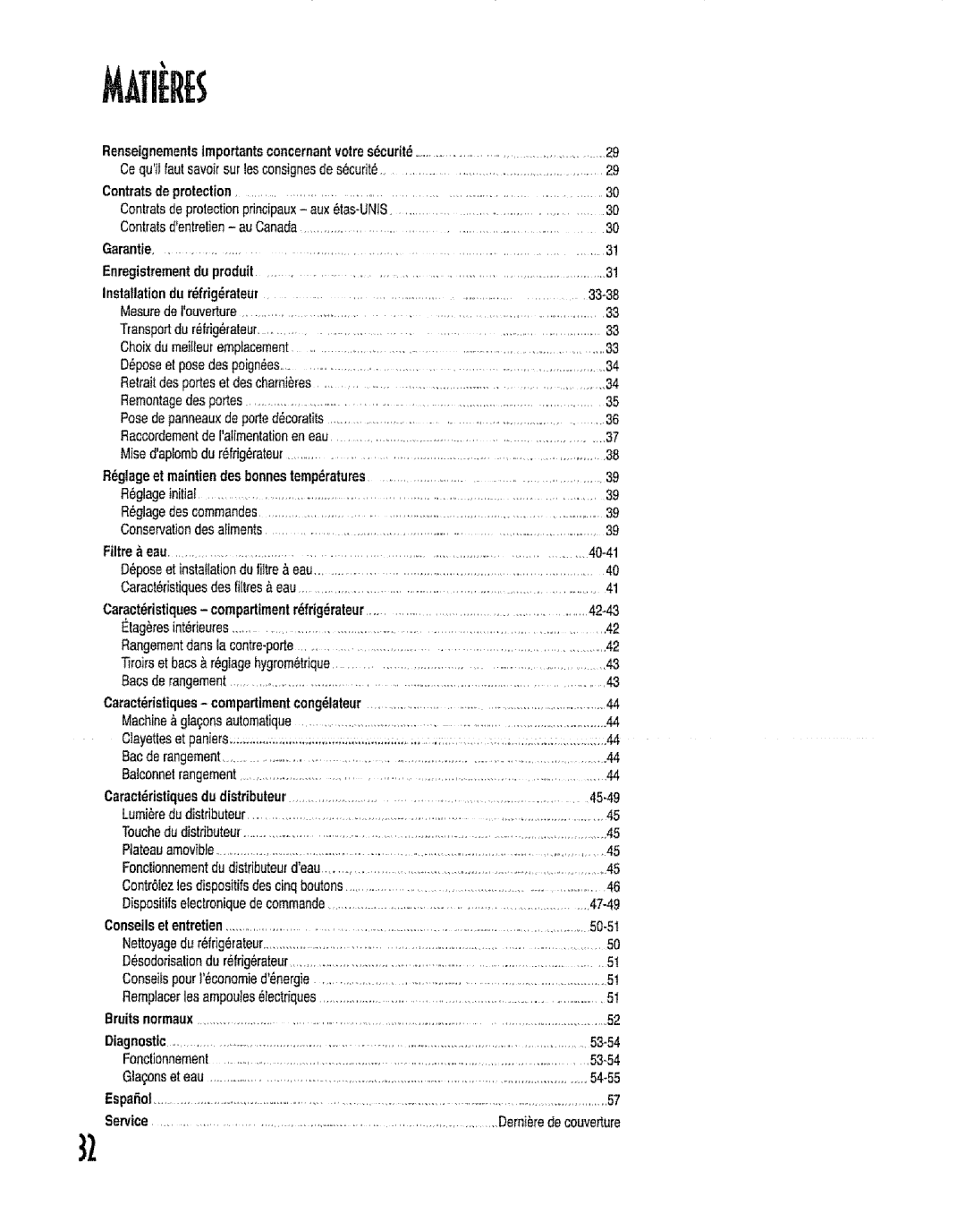 Kenmore 596.53462300 manual Garantie, Installationdurfrigrateur 33-38, 40-41, 42-43, 45-49, 47-49, 50-5I, 53-54, 54-55 