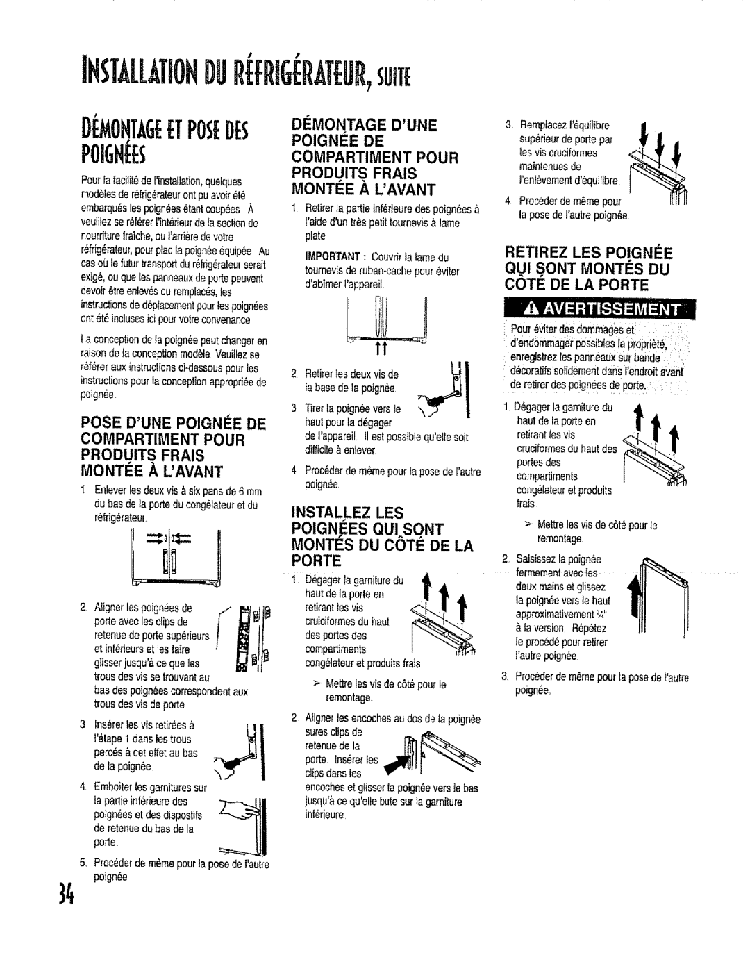 Kenmore 596.53462300 manual Pose Dunepoigncede, Retirez LES Poignie, Produits Frais MONT#E ,& Lavant, Les 