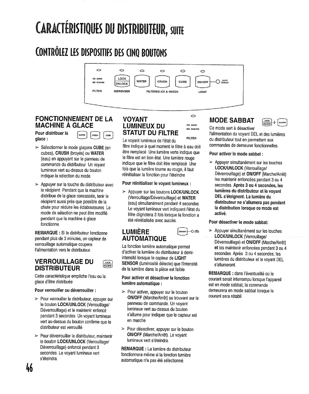 Kenmore 596.53462300 FONCTION.NEMENT DE LA Machine a Glace, Verrouillage DU Distributeur, Lumineux DU Statut DU Filtre 