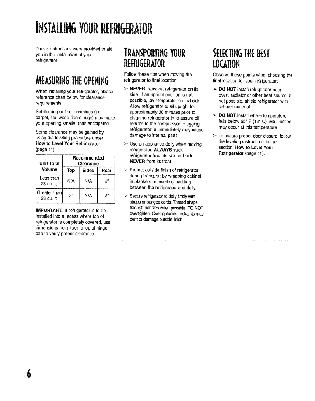 Kenmore 596.53462300 manual Recommended, Unit Total Clearance Volume Top Sides Rear, Never transportrefrigeratoron its 