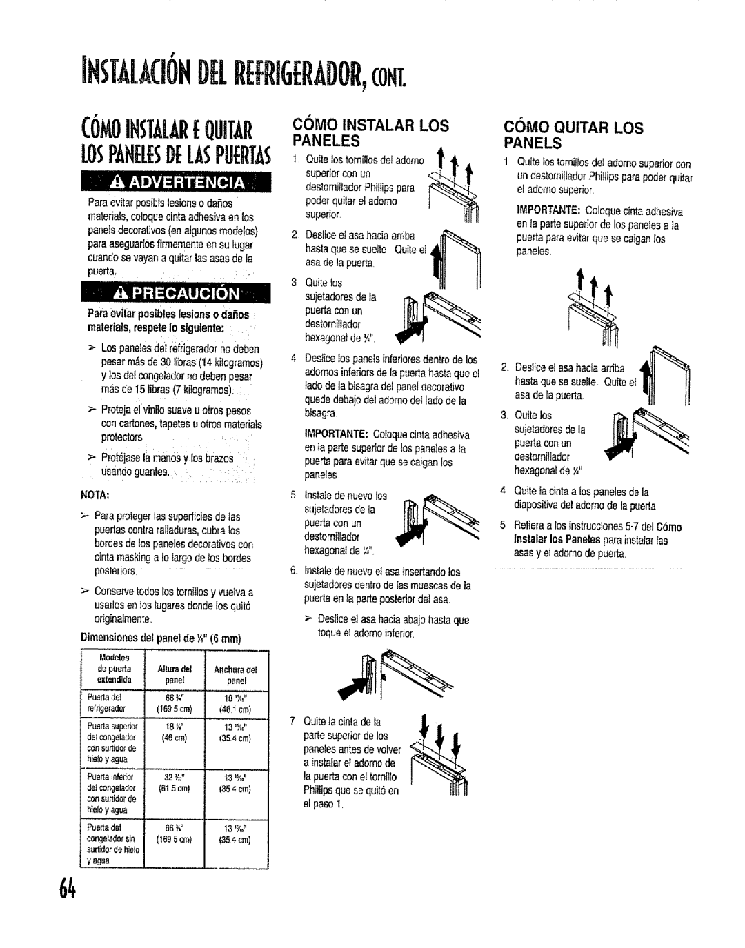 Kenmore 596.53462300 manual Paneles, Panels, Dimensionesdel pane+deY+16am, Puerlaconun, Toqueel adomoinferior 