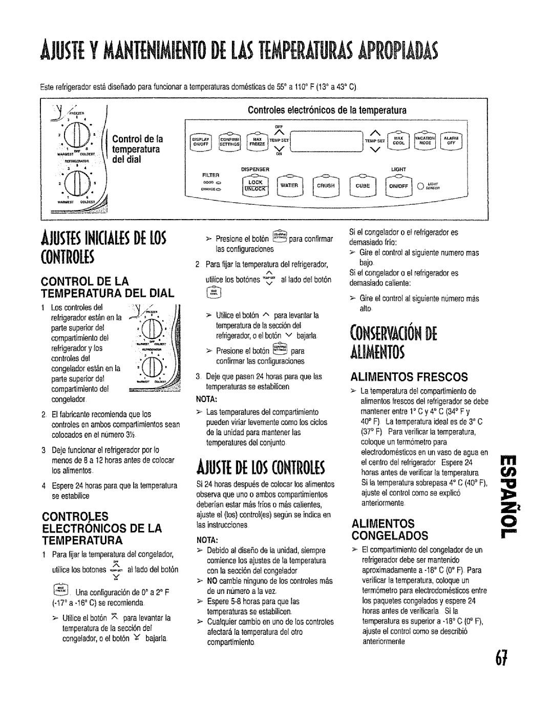 Kenmore 596.53462300 manual Temperatura DEL Dial, Alimentos Frescos, Electronicos DE LA Temperatura 