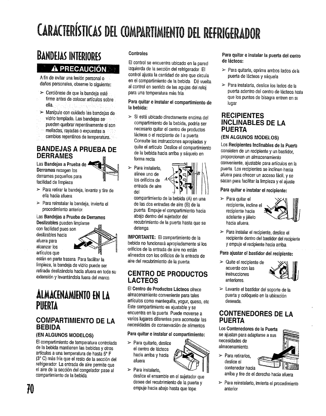 Kenmore 596.53462300 manual Bandejas a Prueba DE Derrames, Recipientes Inclinables DE LA Puerta, Bebida, Lacteos 