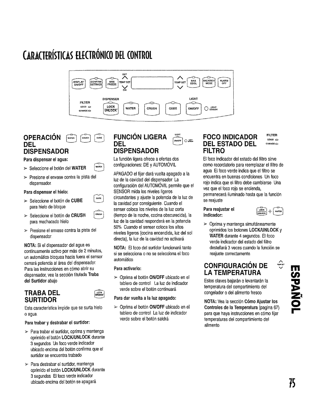 Kenmore 596.53462300 Traba DEL, Funcion Ligera DEL Dispensador, Foco Indicador .,L. DEL Estado DEL Filtro, LA Temperatura 