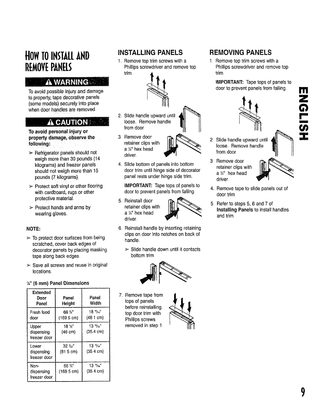 Kenmore 596.53462300 manual Toihstallahd, Installing Panels, Removing Panels 