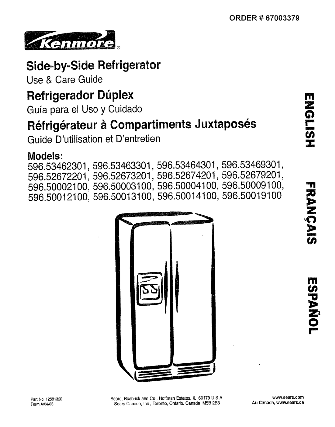 Kenmore 596.53462300 manual Refrigerador, D=plex, Side-by-SideRefrigerator, R_frig_rateur, b Compartiments Juxtaposes 