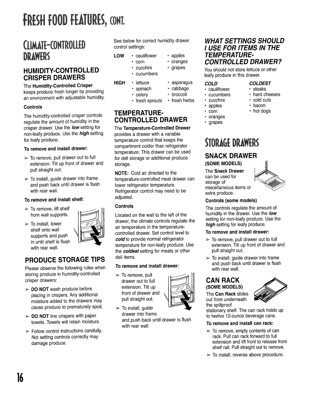 Kenmore 596.52679200, 596.53463300, 596.52672200, 596.53464300 manual HUMIDITY-CONTRO Lled, Produce Storage Tips, Temperature 