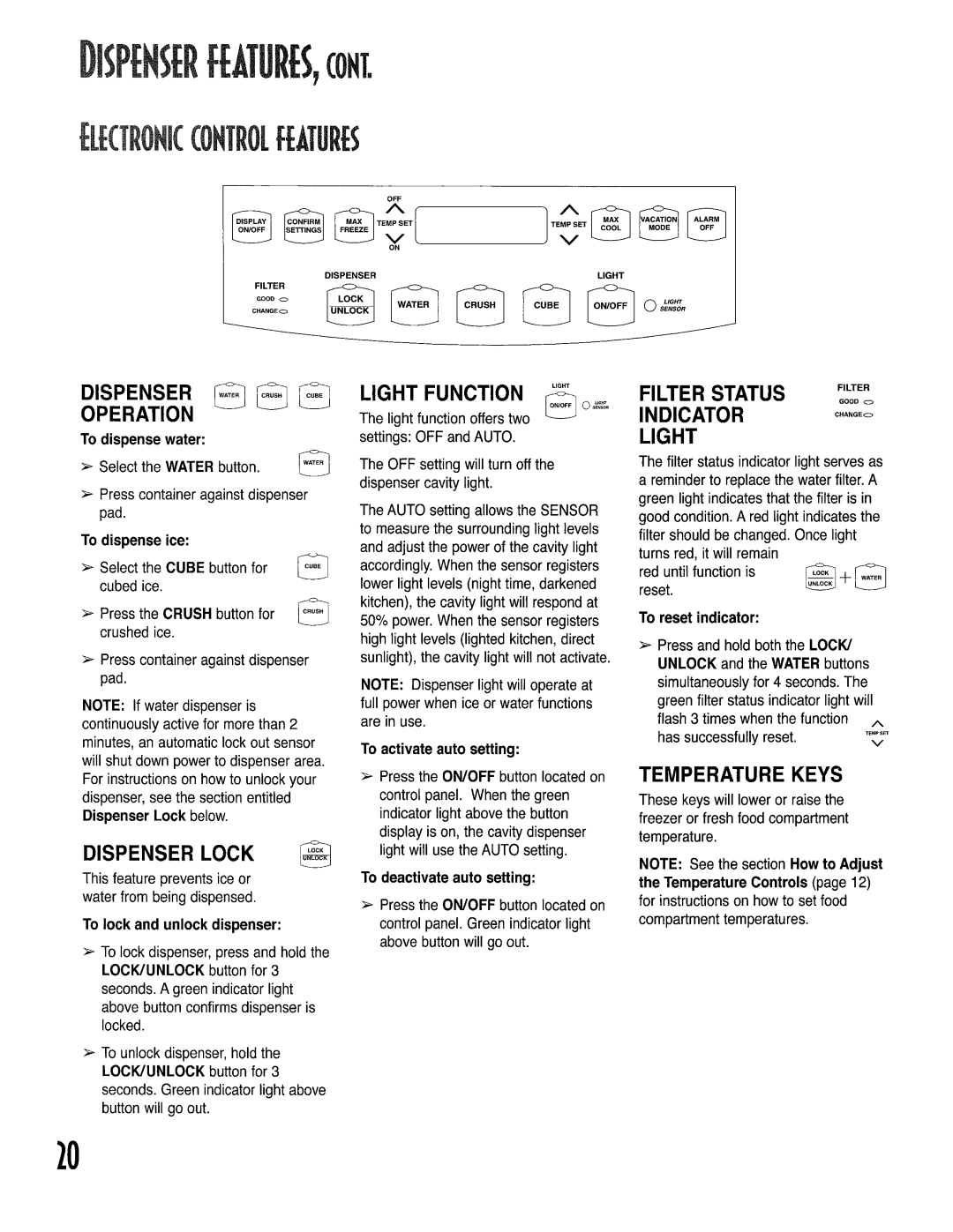 Kenmore 596.50014100, 596.53463300, 596.52679200, 596.52672200 Light Function, Filter Status, Indicator, Temperature Keys 