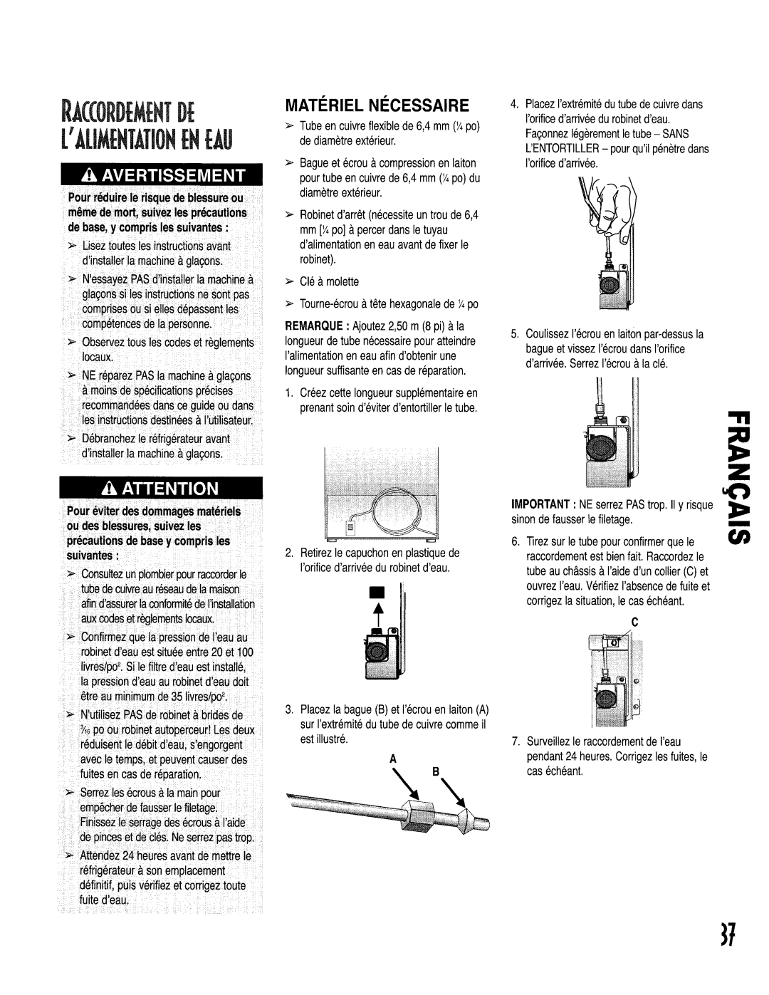 Kenmore 596.50013100, 596.53463300 manual MATI=RIEL NI Cessaire, Tubeen cuivreflexiblede 6,4 mm¼ po de diametreext6rieur 