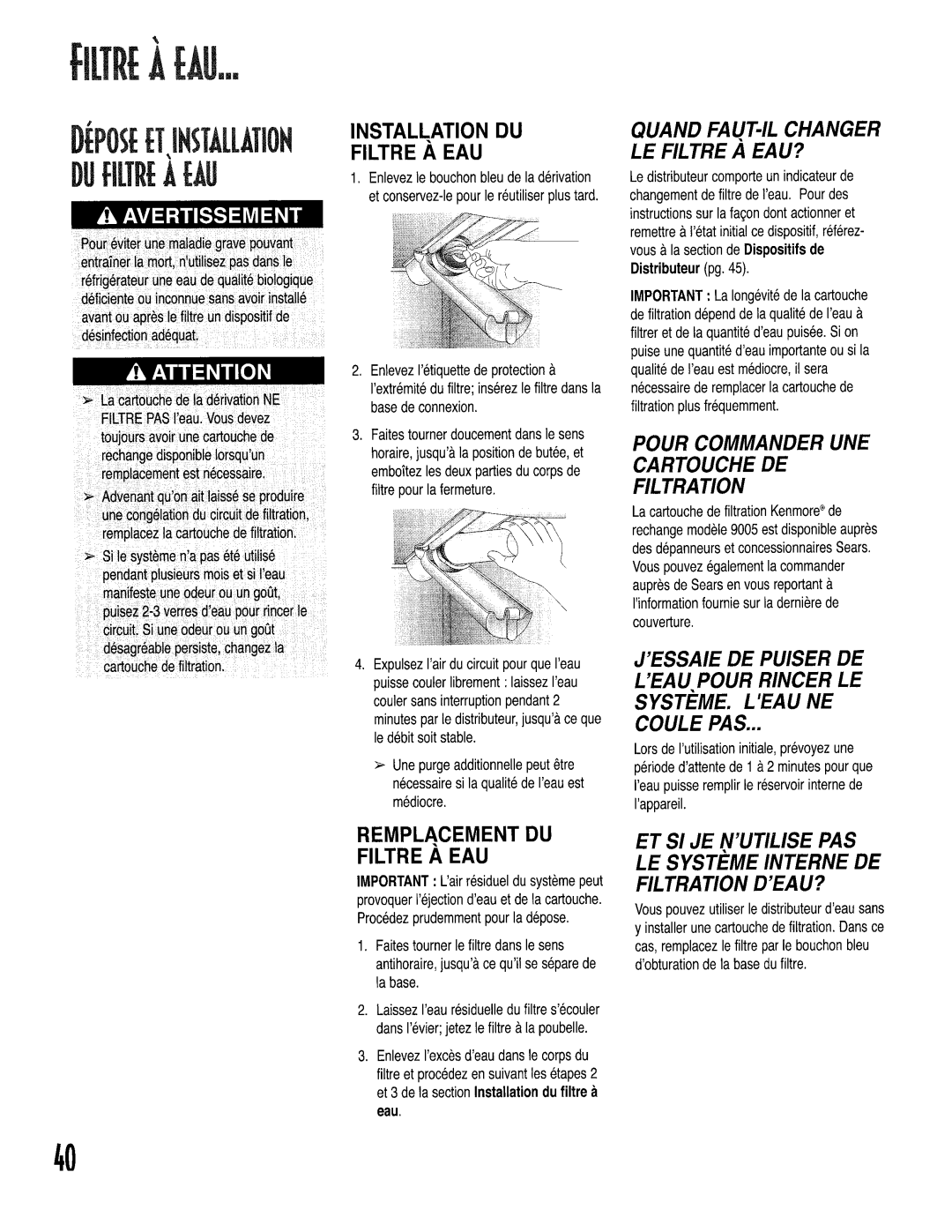 Kenmore 596.50004100, 596.53463300, 596.52679200 manual Installation DU Filtre a EAU, Remplacement DU, Eau, Distributeurpg.45 