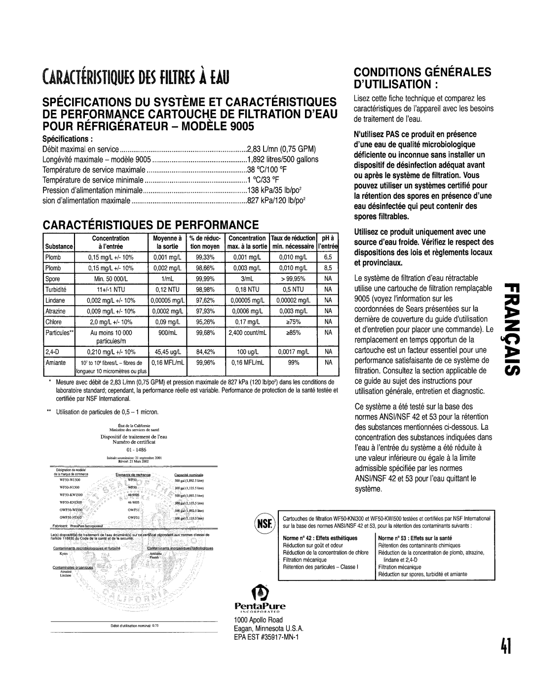 Kenmore 596.52674200, 596.53463300, 596.52679200 manual Caracteristiques DE Performance, Conditions GI NI Rales Dutilisation 