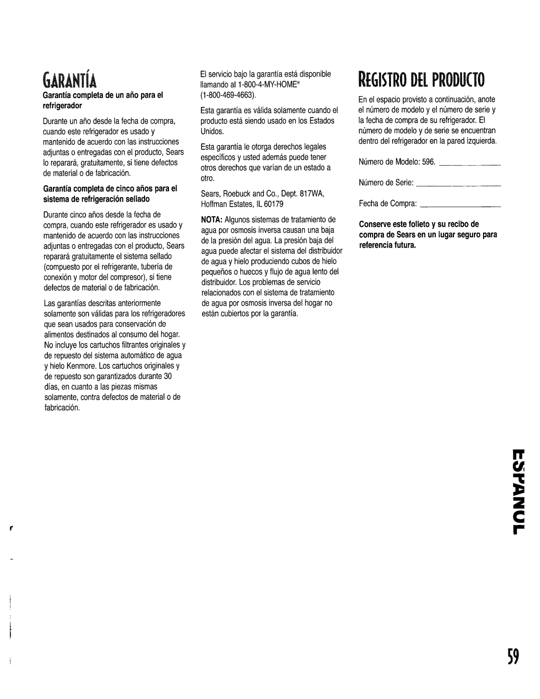 Kenmore 596.50003100, 596.53463300, 596.52679200, 596.52672200 manual GAR,J Niia, Garantiacompletade un ahoparael refrigerador 