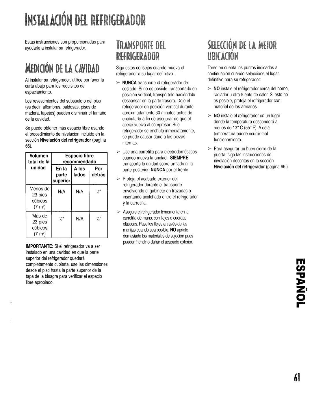 Kenmore 596.52679200 Menos de Pies Ct3bicos Sde CQbicos, Paraasegurarunbuencierrede la, Nivelaci6ndel refrigeradorpagfna66 