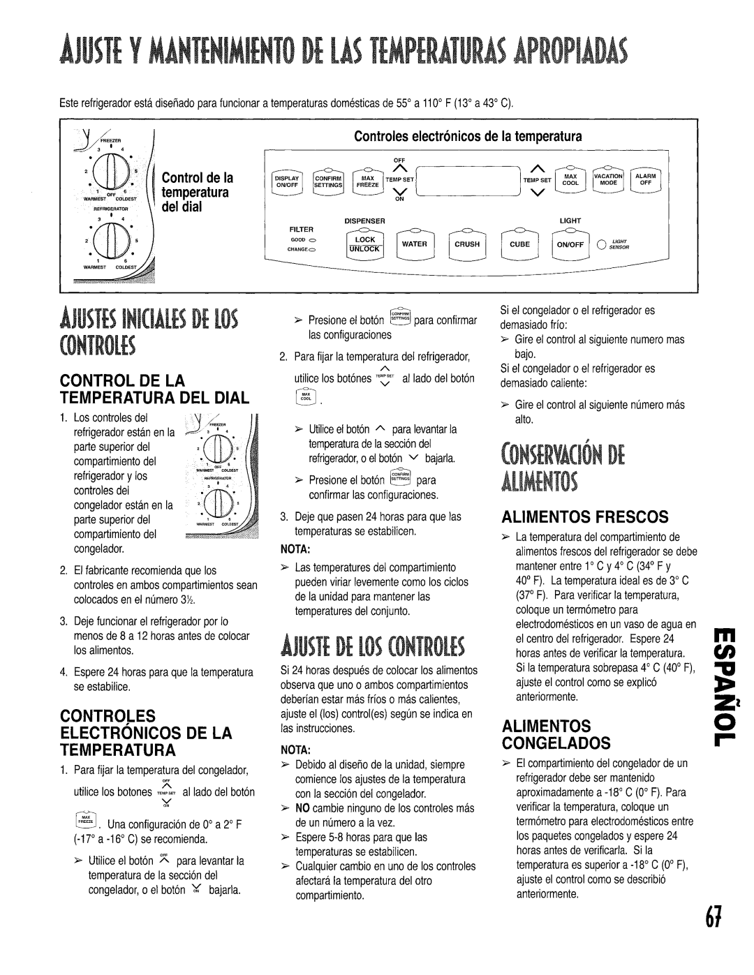 Kenmore 596.50013100 manual Ontrolb, Control DE LA Temperatura DEL Dial, Electronicos DE LA Temperatura, Alimentos Frescos 