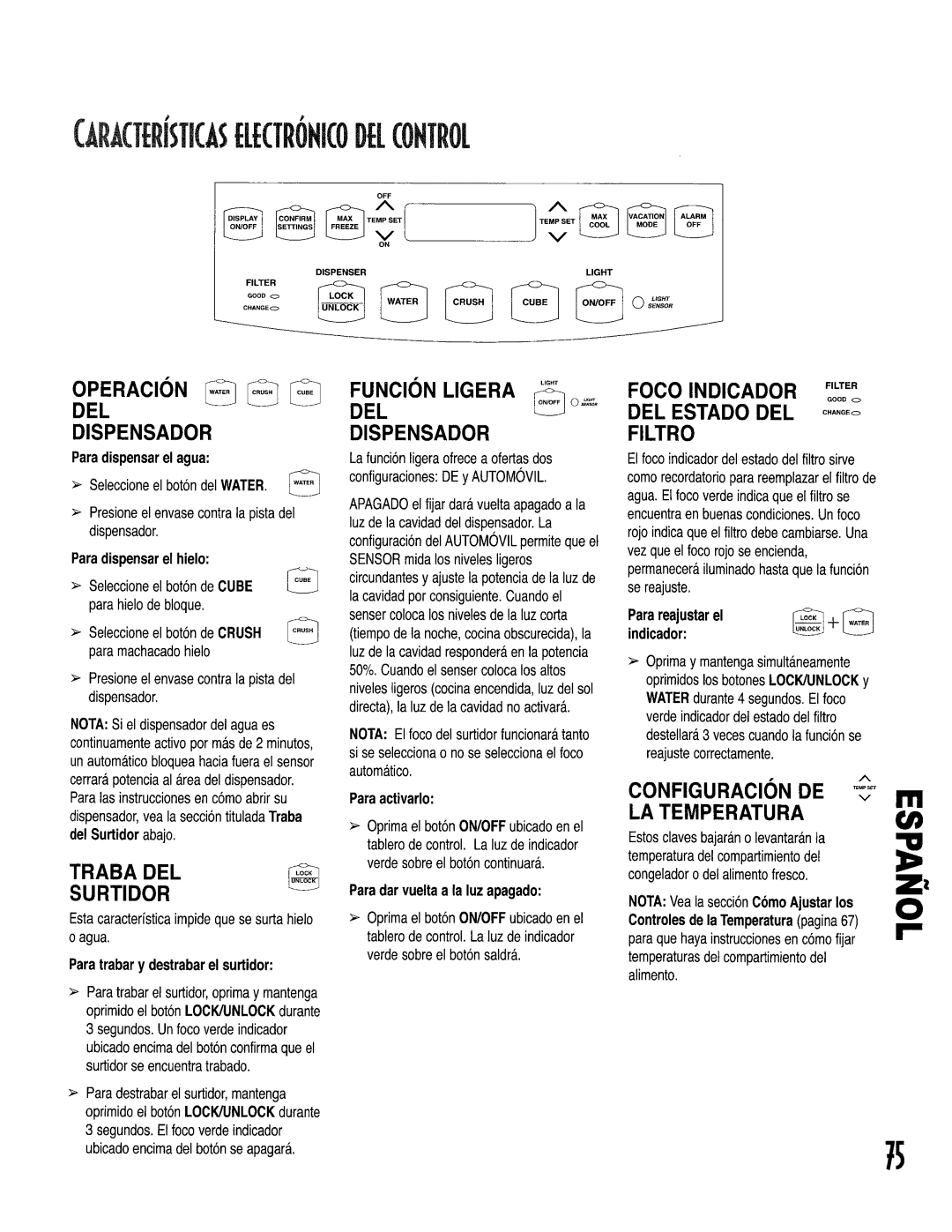 Kenmore 596.53463300 manual Del, Dispensador, Foco Indicador ,,T, DEL Estado DEL Filtro, Configuracicn DE LA Temperatura 