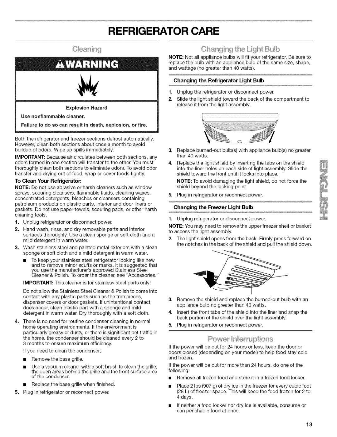 Kenmore 596.6523*403 manual Refrigerator Care, To Clean Your Refrigerator, Changing the Refrigerator Light Bulb 