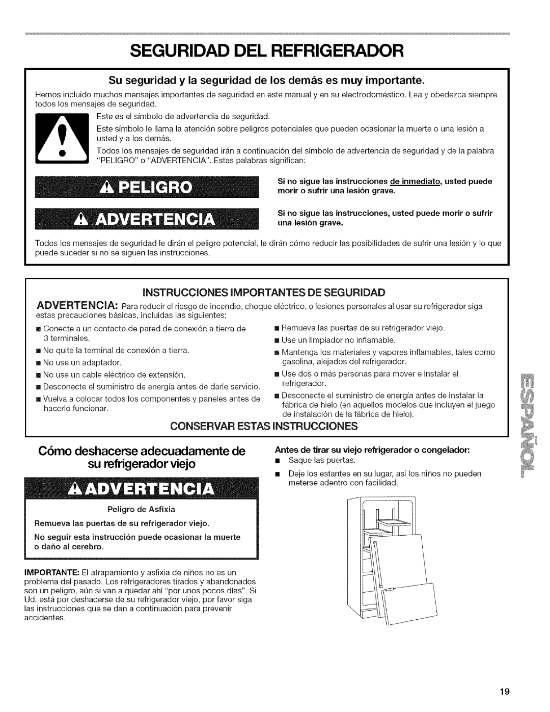 Kenmore 596.6523*403 Seguridad DEL Refrigerador, Peligro de Asfi×ia, Antes de tirar su viejo refrigerador o congelador 