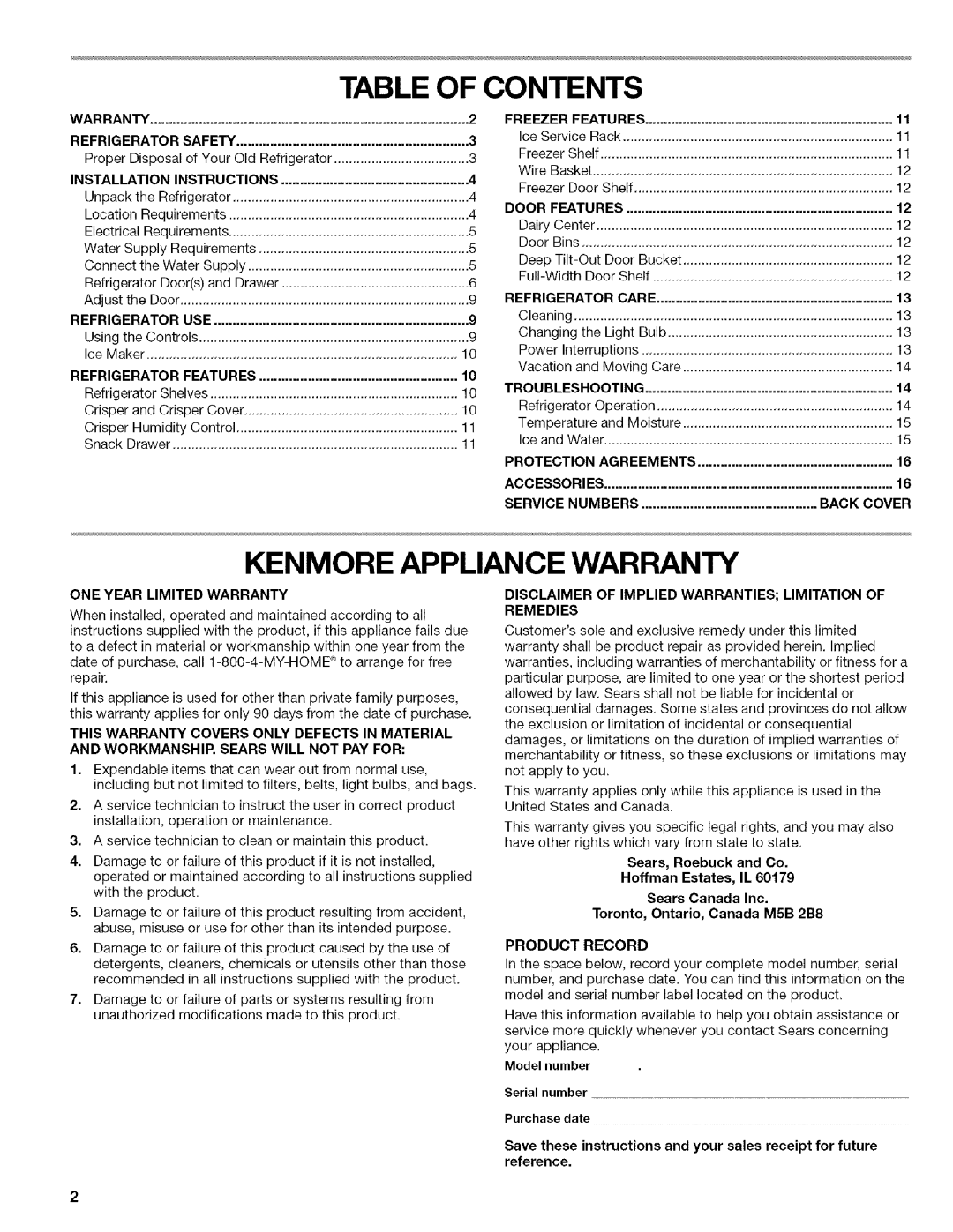 Kenmore 596.6523*403 manual Table of Contents, Kenmore Appliance Warranty 