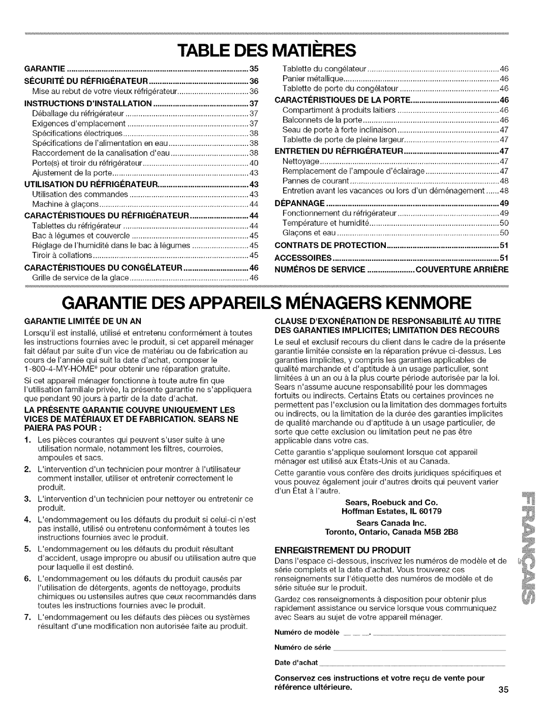 Kenmore 596.6523*403 manual Table DES Matii RES, Garantie DES Appareils MI Nagers Kenmore 