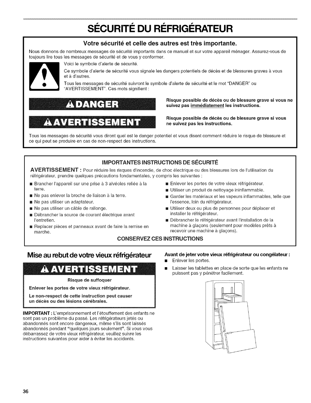 Kenmore 596.6523*403 manual SI Curiti DU RI Frigi Rateur, LlVlPORTANTES INSTRUCTiONS 