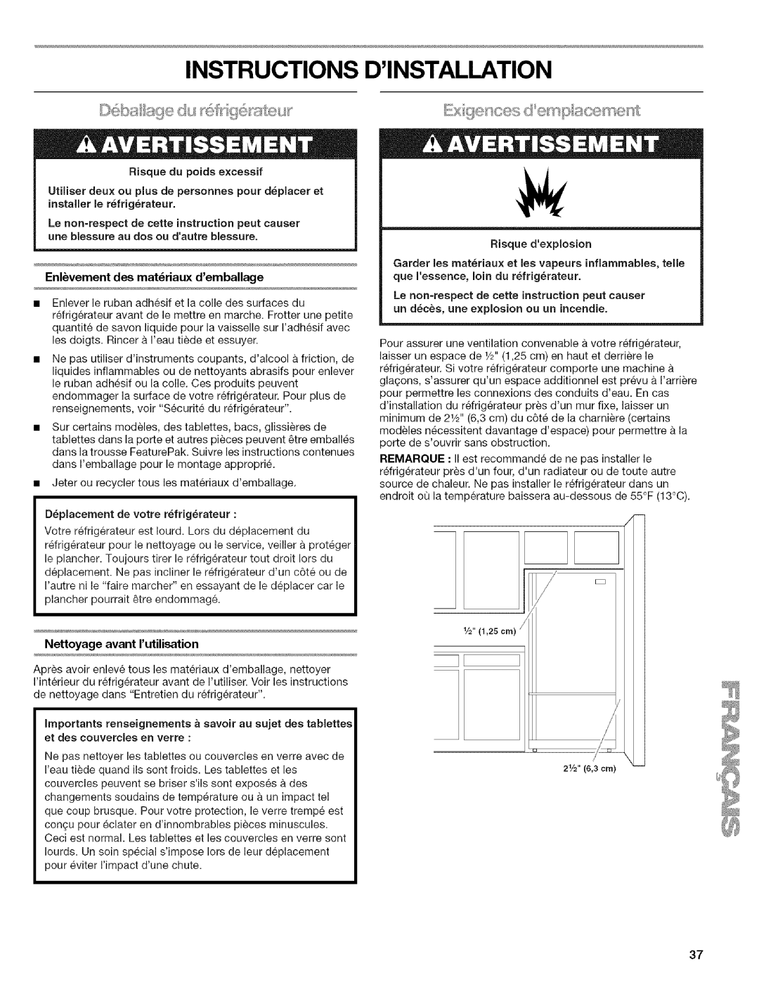 Kenmore 596.6523*403 manual Instructions Dinstallation, Enlvement des matriaux demballage, Nettoyage avant rutilisation 