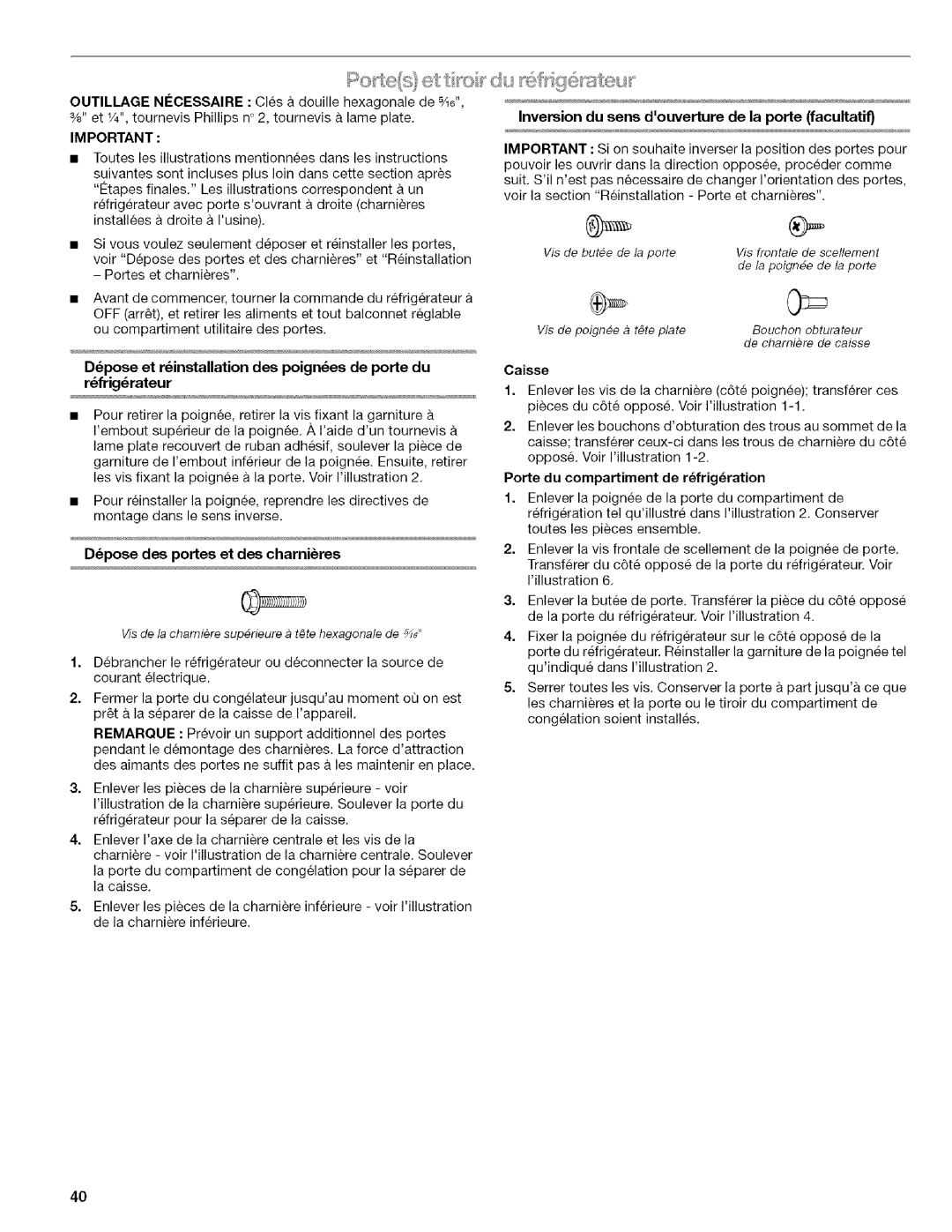 Kenmore 596.6523*403 manual Dpose des portes et des charnieres, Inversion du sens douverturede la porte facultatif 