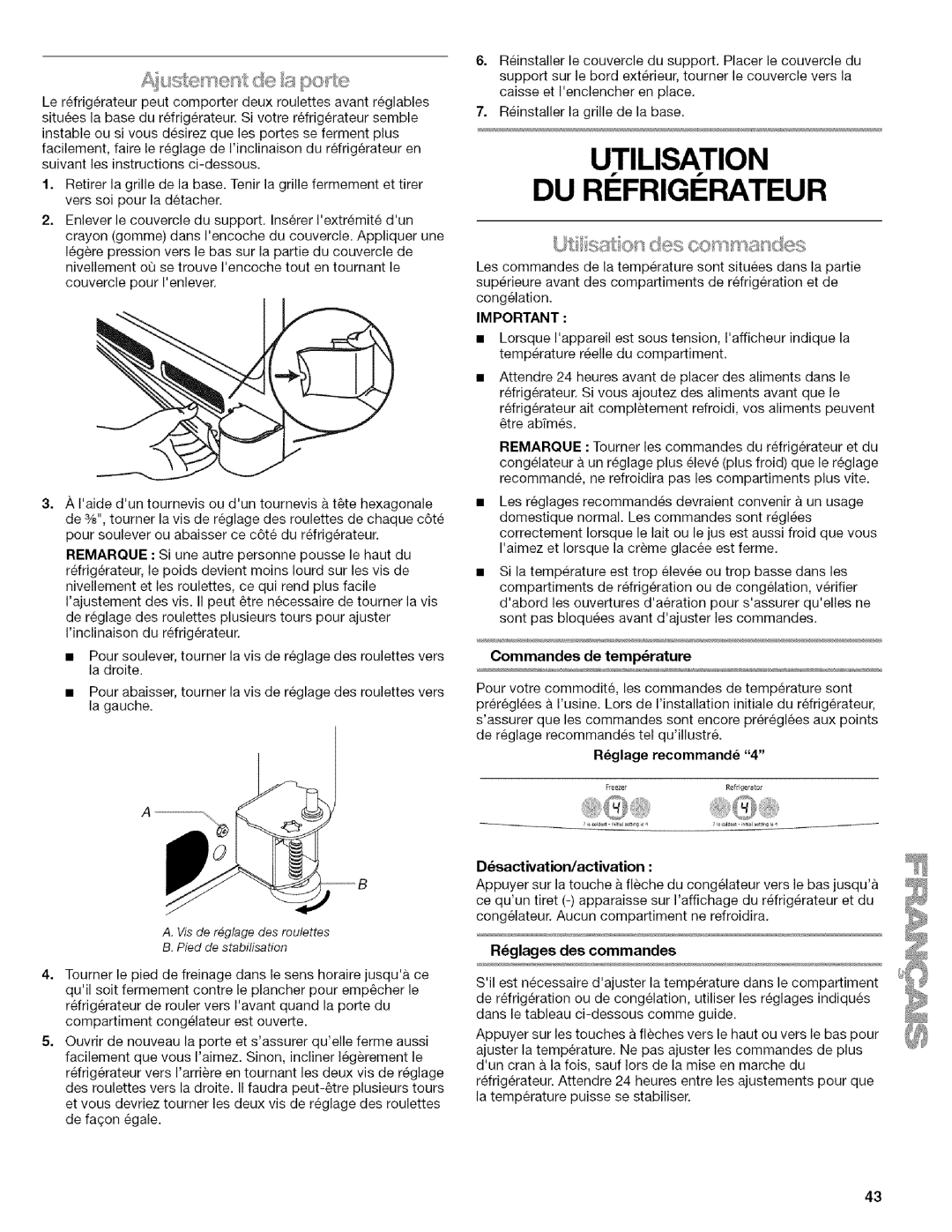 Kenmore 596.6523*403 Utilisation DU RI Frigi Rateur, Commandes de temperature, Rglage recommande, Dsactivation/activation 