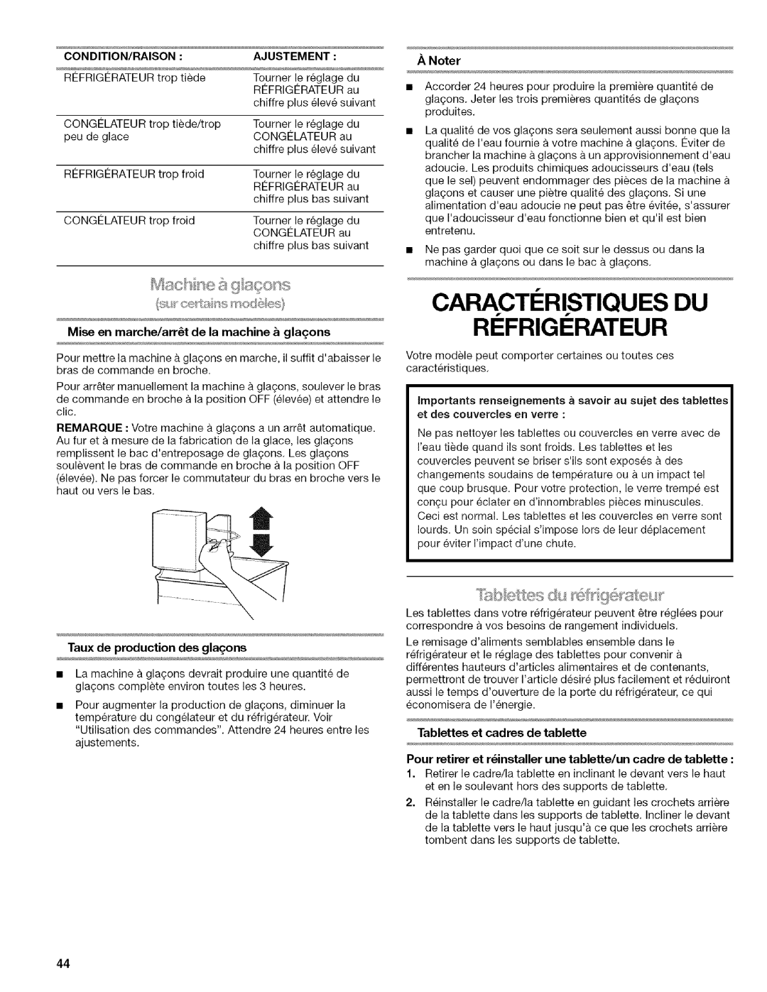 Kenmore 596.6523*403 Refrigerateur, Taux de production des glagons, Ajustement, Mise en marche/arrt de la machine & glaons 