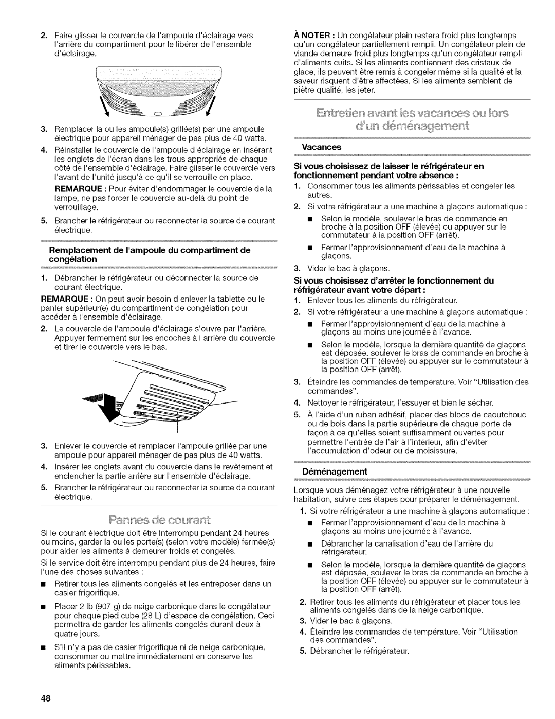 Kenmore 596.6523*403 manual Remplacement de Iampoule du compartiment de conglation, Dmnagement 