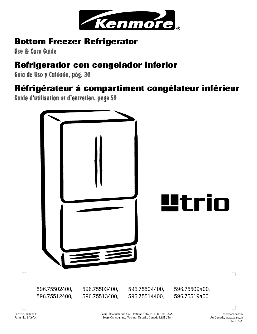 Kenmore 596.755024 manual Trio, Bottom Freezer Refrigerator 