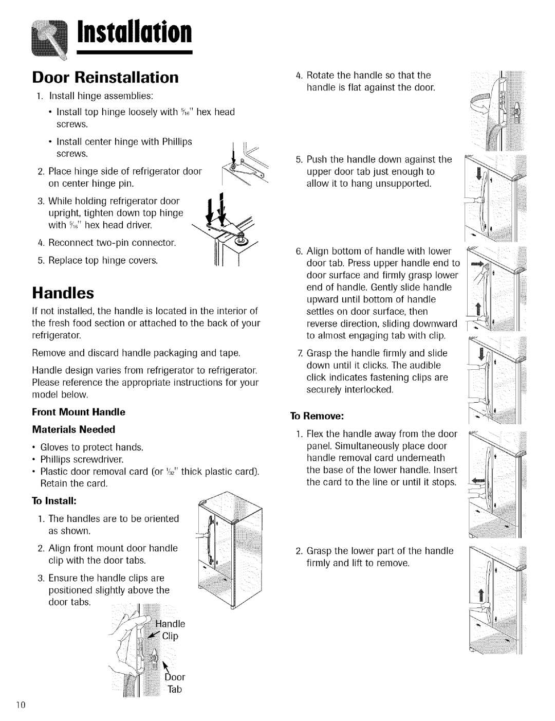 Kenmore 596.755024 manual Door Reinstallation, Handles, Front Mount Handle Materials Needed, To Install 