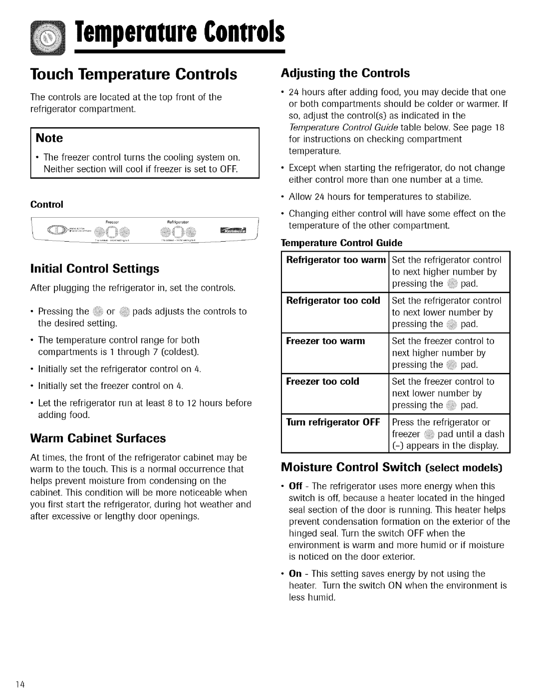 Kenmore 596.755024 Touch Temperature Controls, Warm Cabinet Surfaces, Initial Control Settings, Adjusting the Controls 