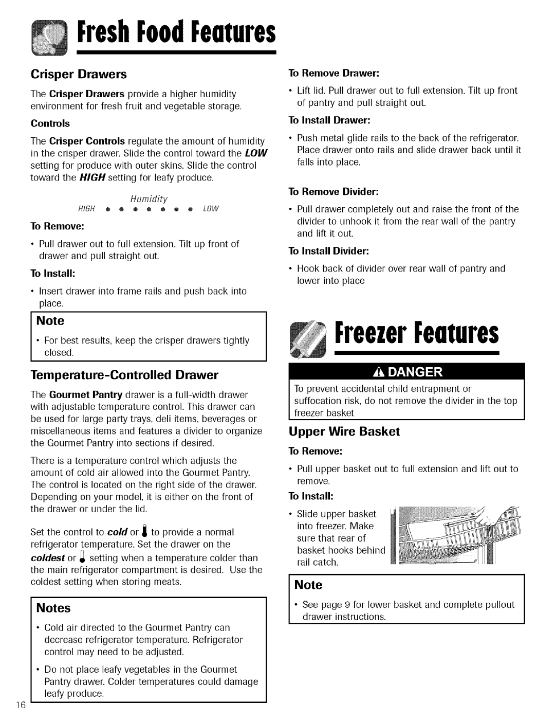 Kenmore 596.755024 manual FreshFoodFeatures, Crisper Drawers, Temperature-Controlled Drawer, Upper Wire Basket 