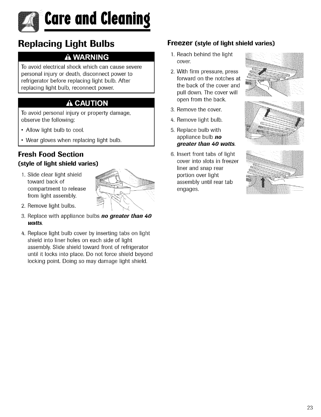 Kenmore 596.755024 manual Replacing Light Bulbs, Fresh Food Section, Freezer style of light shield varies 