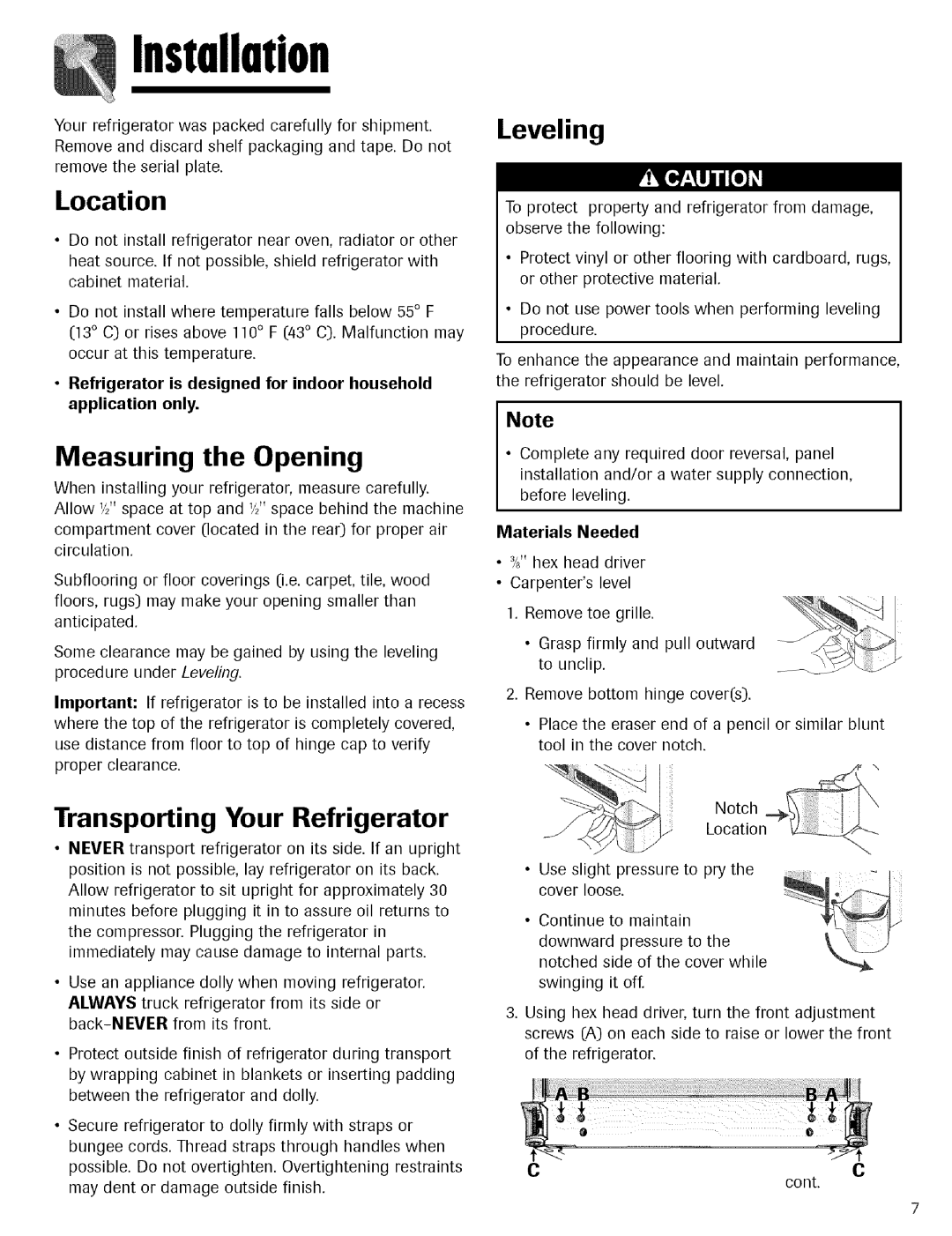 Kenmore 596.755024 manual Location, Measuring the Opening, Transporting Your Refrigerator, Leveling 