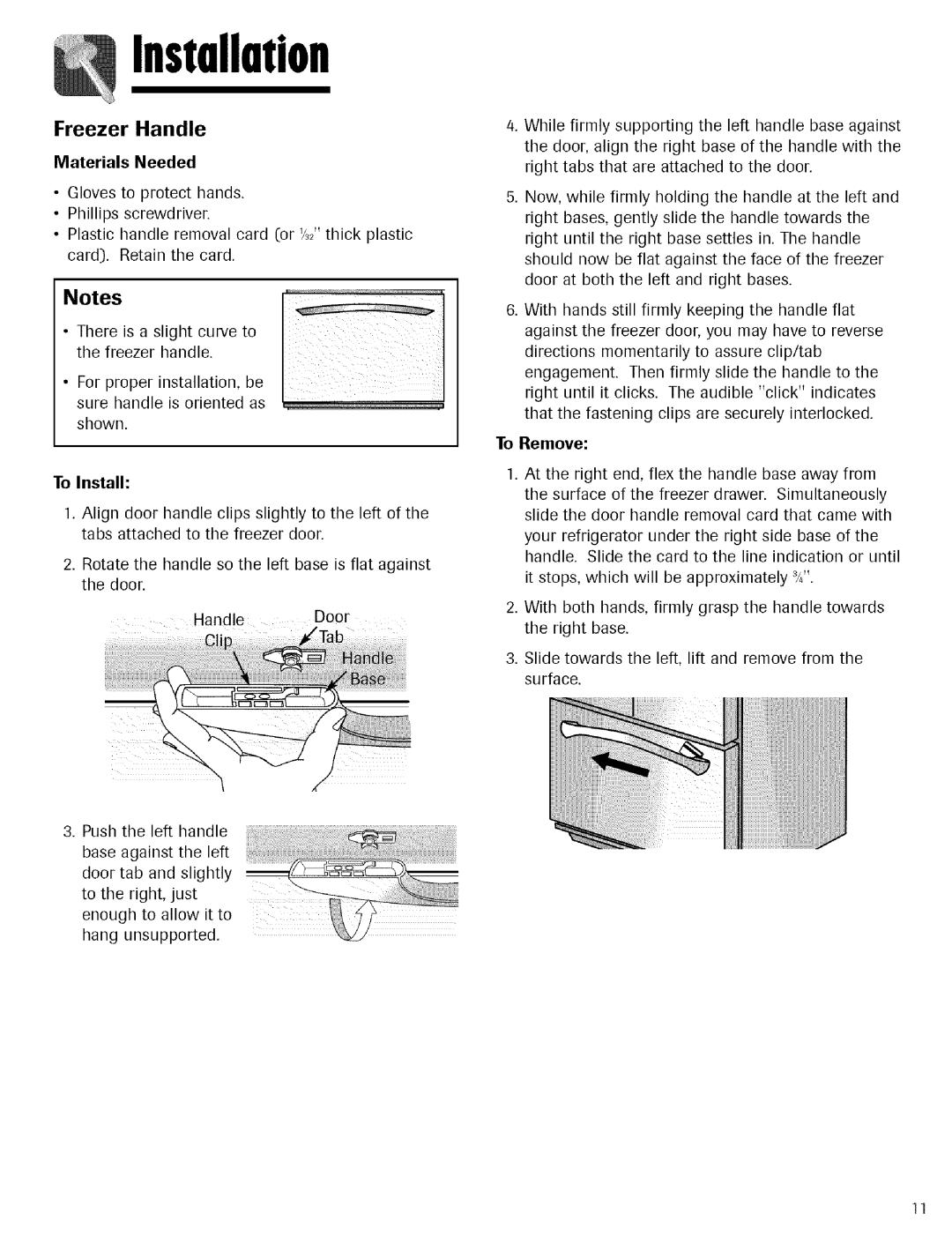 Kenmore 596.755024 manual Freezer Handle, Installation 