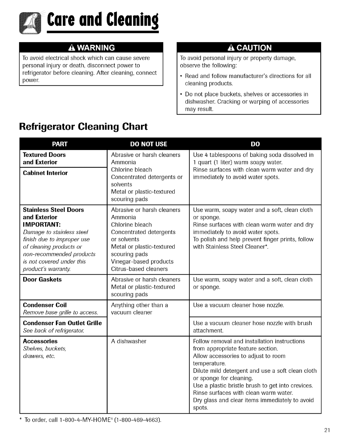 Kenmore 596.755024 manual andCleaning, Refrigerator Cleaning Chart 