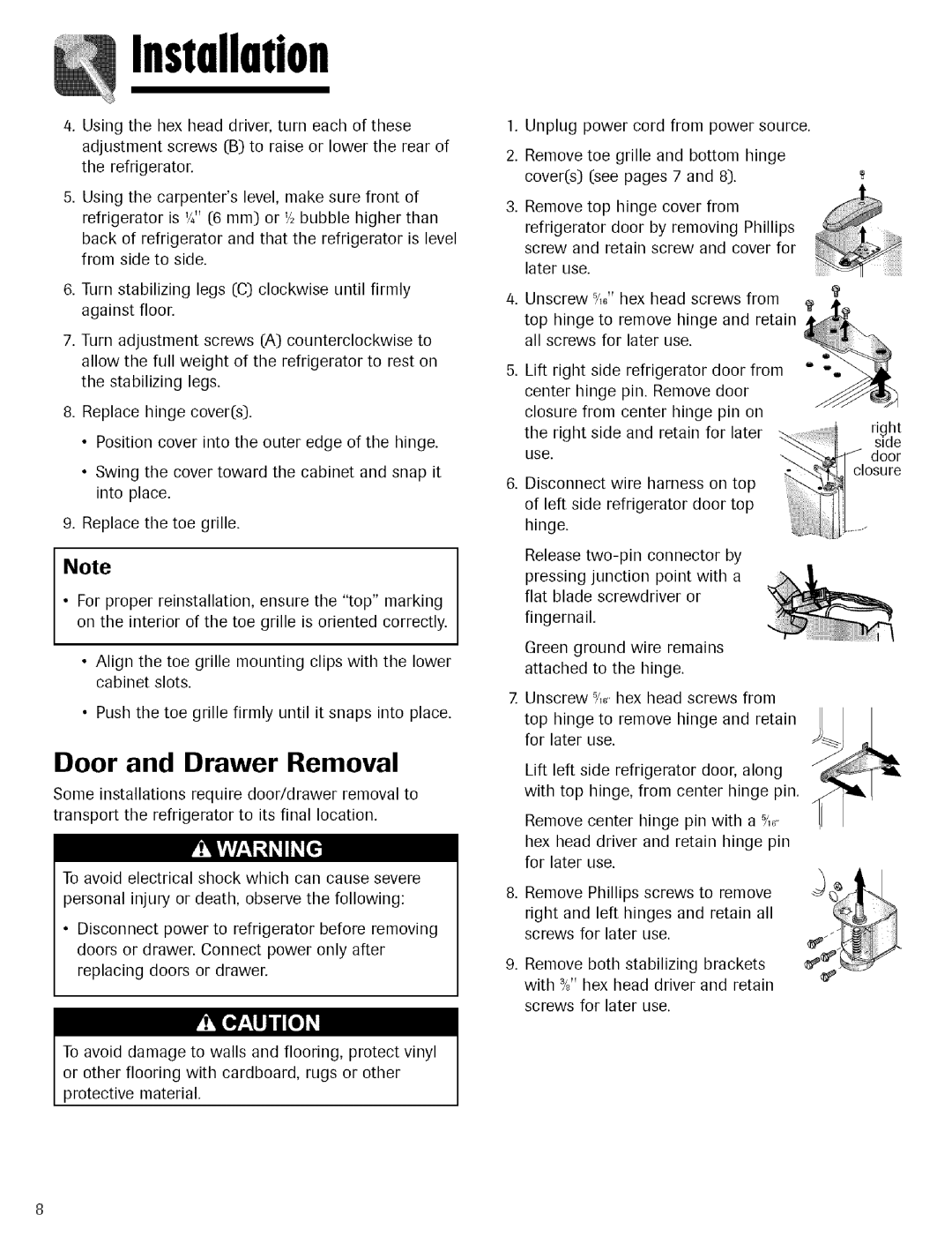 Kenmore 596.755024 manual Door and Drawer Removal, Installation 