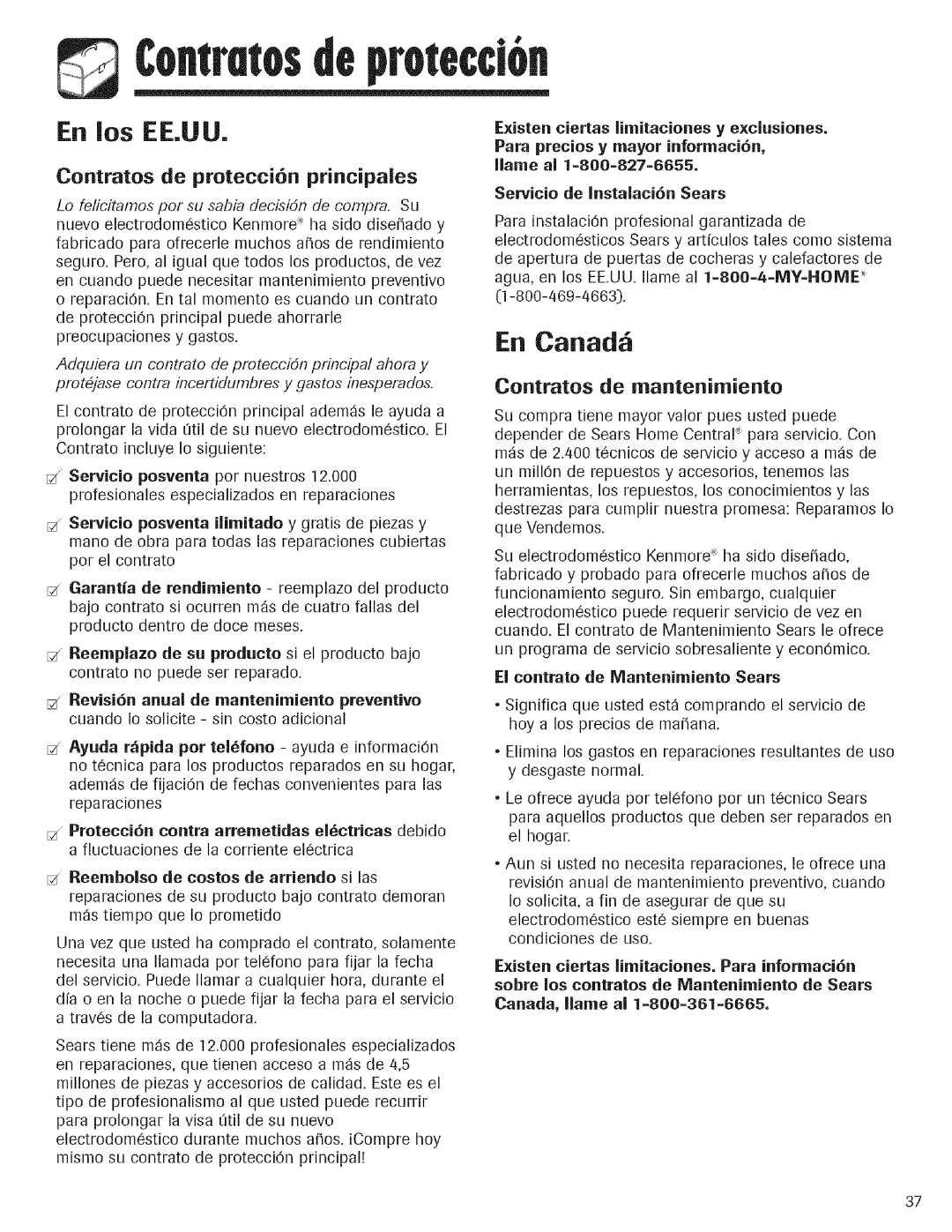 Kenmore 596.760597, 596.762647 En los EE.UU, En Canad, Contratos de protecci6n principales, Contratos de mantenimiento 