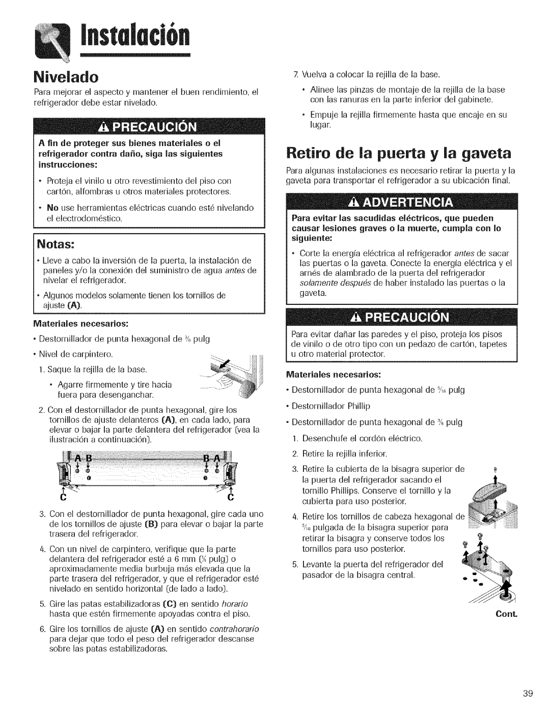 Kenmore 596.760547, 596.762647, 596.762637, 596.762597, 596.762537, 596.760627 manual Nivelado, Retiro de la puerta y la gaveta 