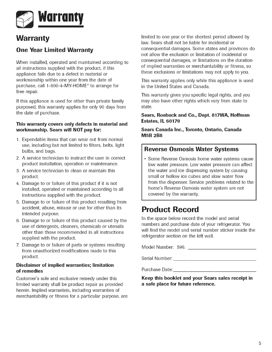 Kenmore 596.760697, 596.762647, 596.762637 Product Record, One Year Limited Warranty, Reverse Osmosis Water Systems 