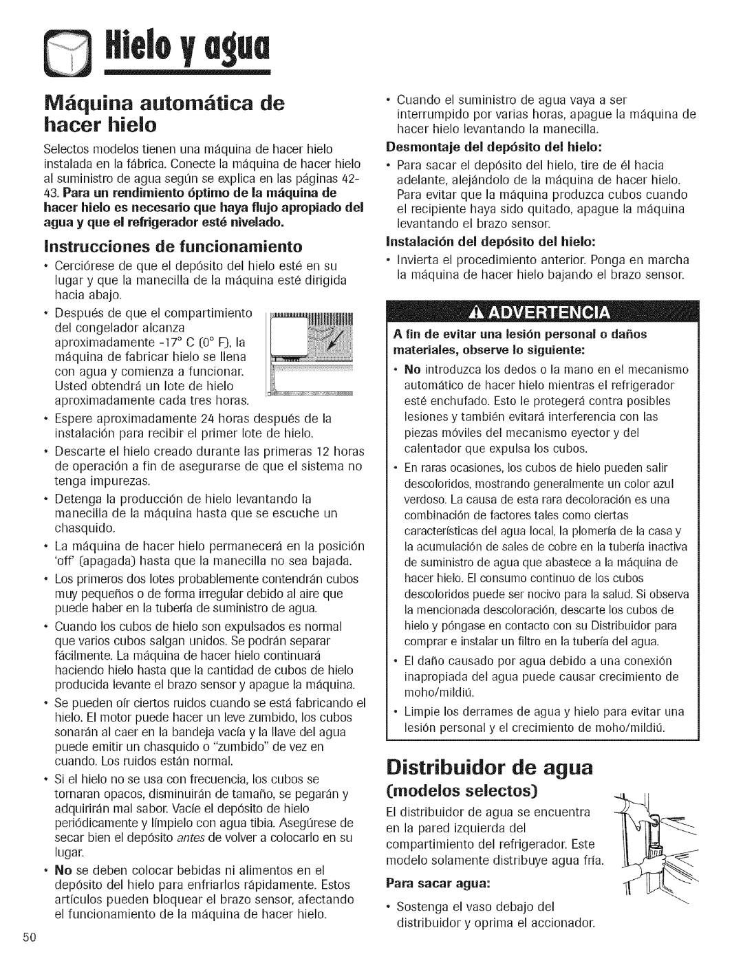 Kenmore 596.760697, 596.762647, 596.762637 manual Distribuidor de agua, Nstrucciones de funcionamiento, Modelos selectos 