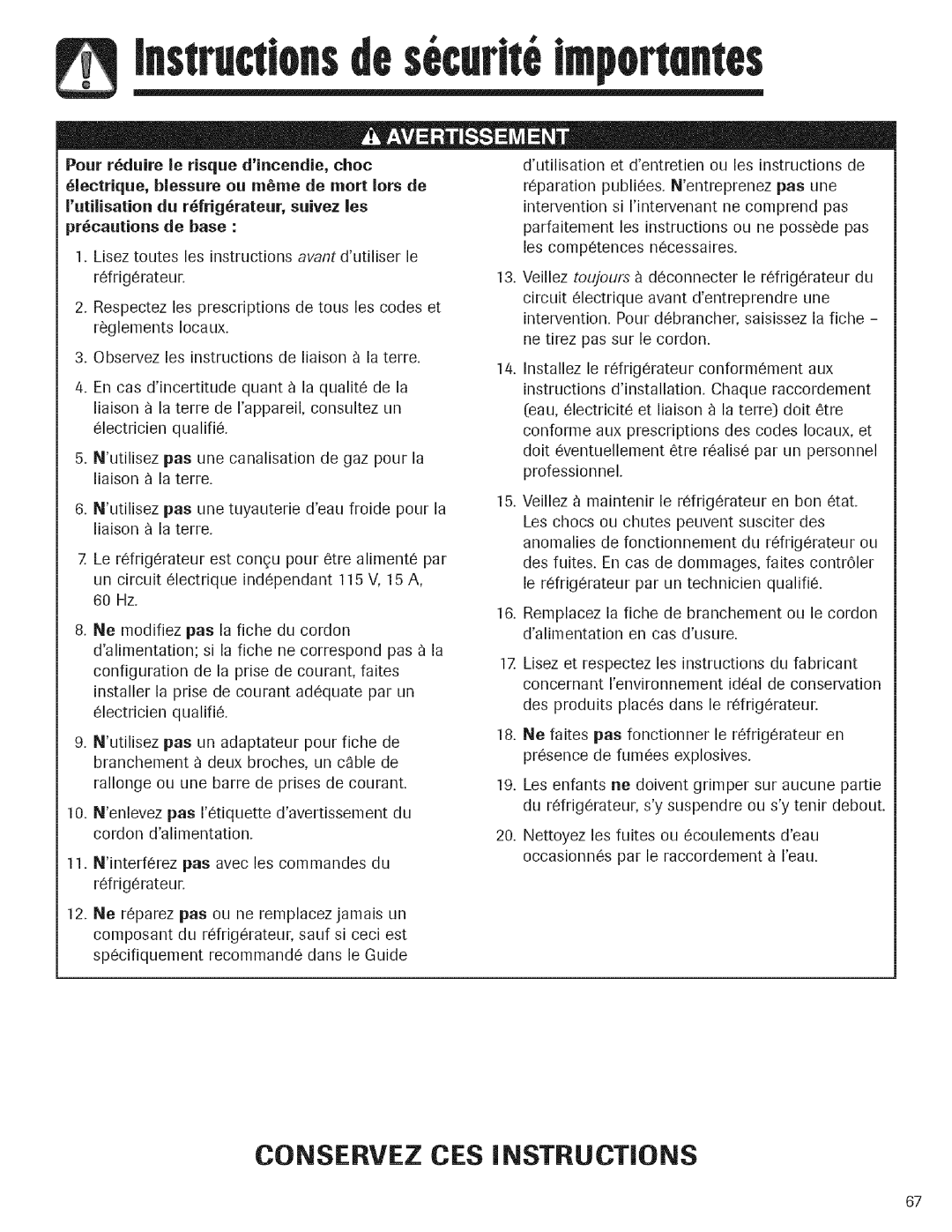 Kenmore 596.760597 Pour rduire le risque dincendie, choc, Iutilisation du rfrigrateur, suivez les Precautions de base 