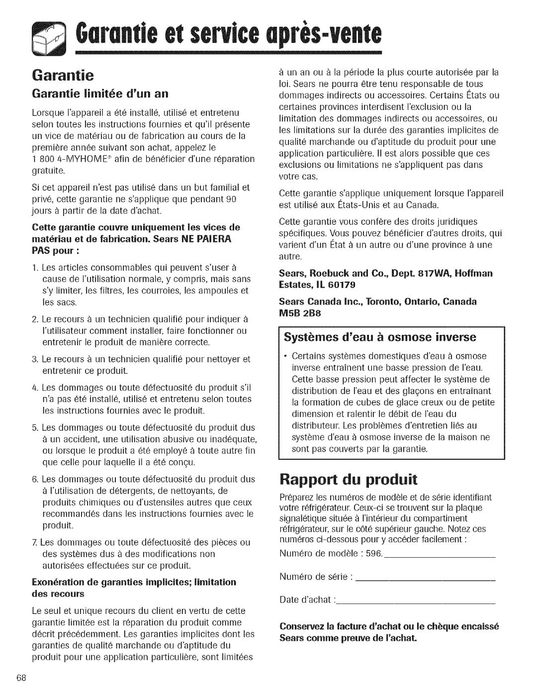 Kenmore 596.762527, 596.762647, 596.762637 Rapport du produit, Garantie limit6e dun an, Systbmes deau osmose inverse 