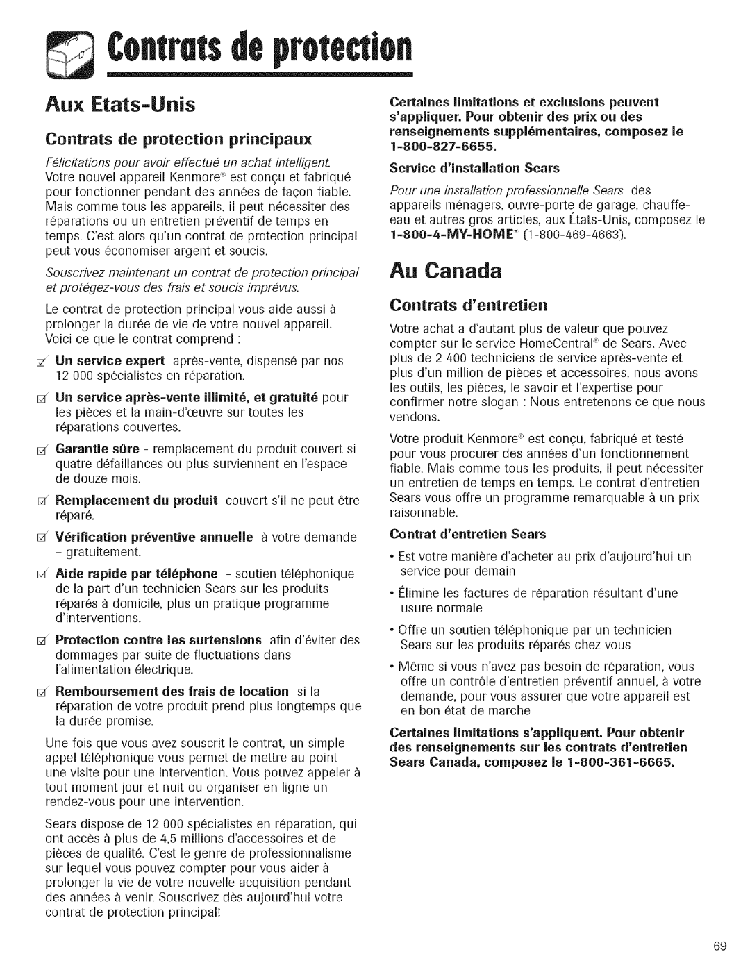 Kenmore 596.760547, 596.762647 manual Au Canada, Au× Etats-LJnis, Contrats de protection principaux, Contrats dentretien 