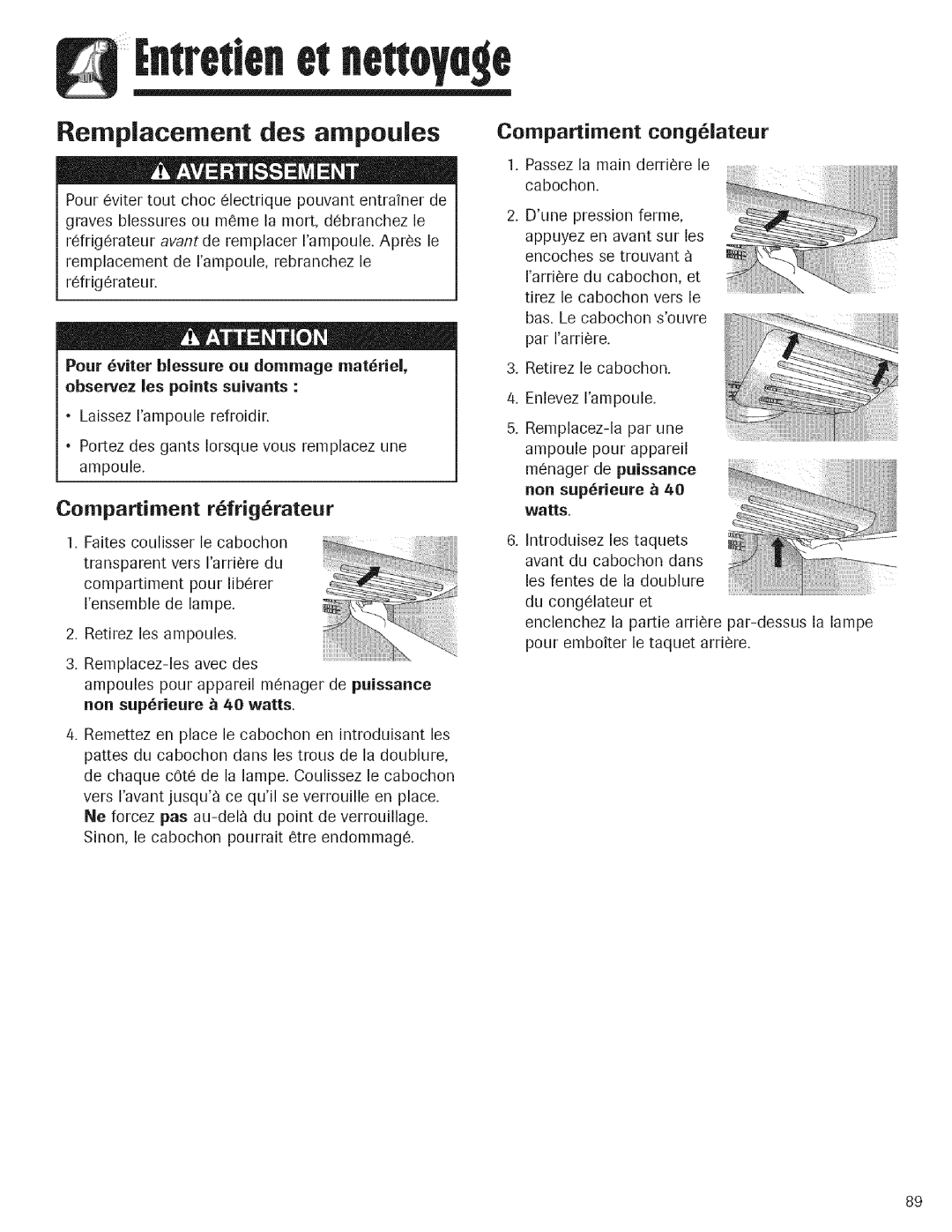 Kenmore 596.760647, 596.762647 manual Rernplacernent des arnpoules, Compartiment r6frig6rateur, Compartiment cong61ateur 